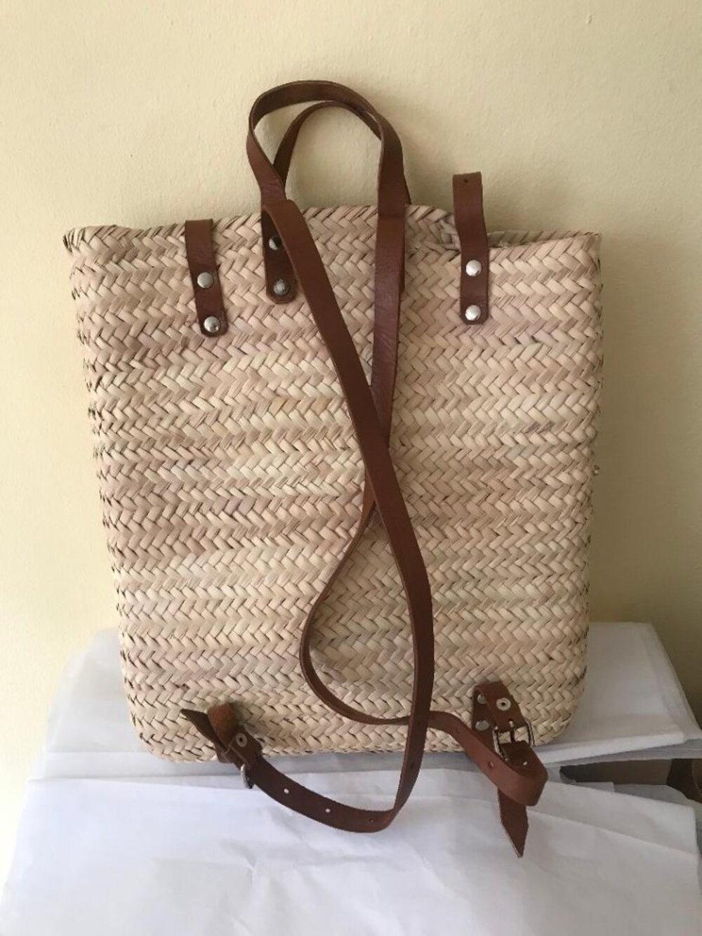 HAMPTONS Straw & Genuine Leather Backpack - Picture 2 of 6